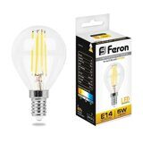 D45 5Вт E14 2700К лампа шар LED теплая FILAMENT прозрачная Feron